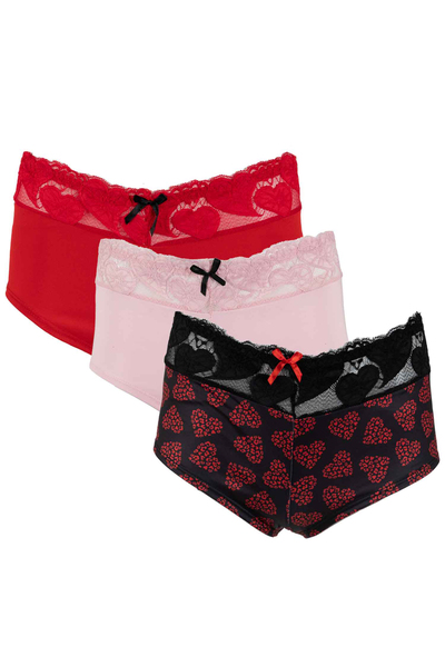 Set of 3 cotton boyshort underwear with elasticized lace waistband -  Sweethearts - Plus Size. Size: 1x | Rossy