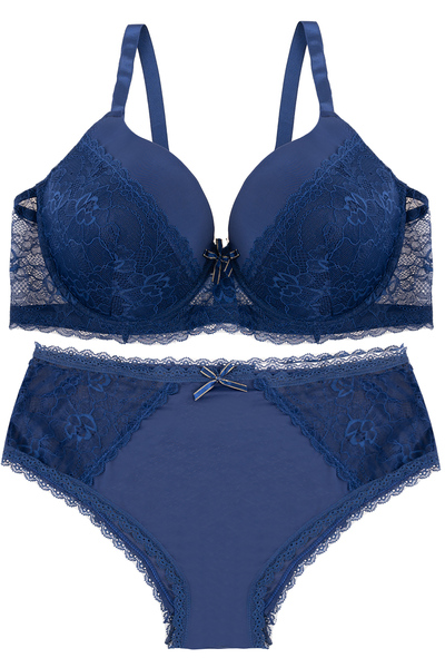 Deep blue and beige laced bras and thongs. Elegant underwear on