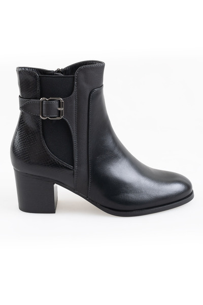 Faux-leather side buckle and zip ankle boots