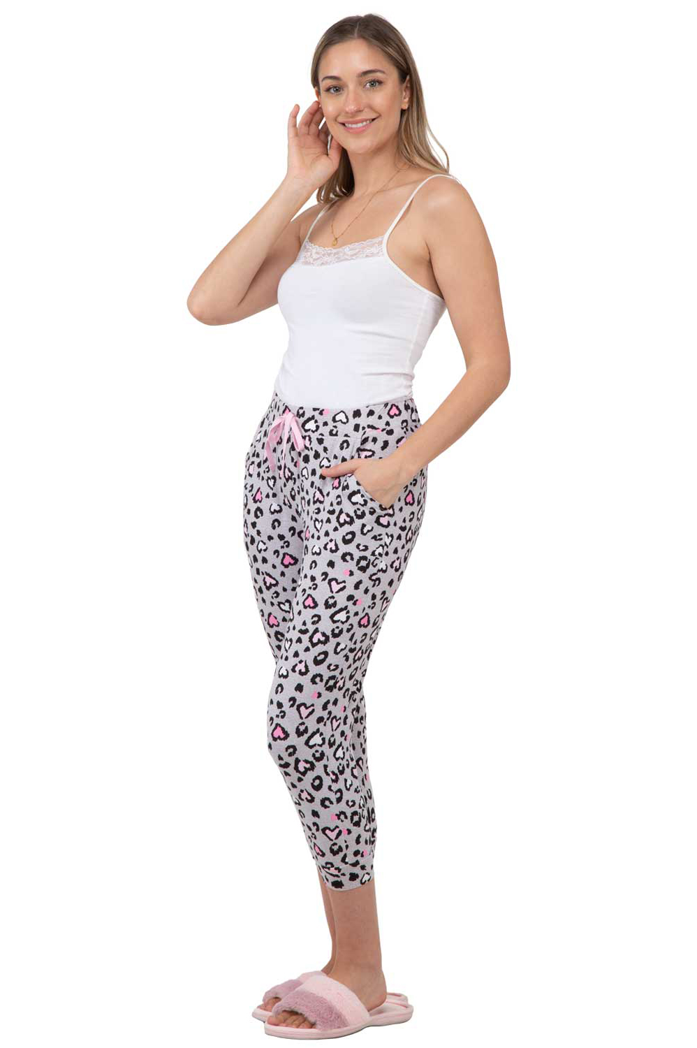 Capri length jogger style pyjama pants, grey hearts, medium (M