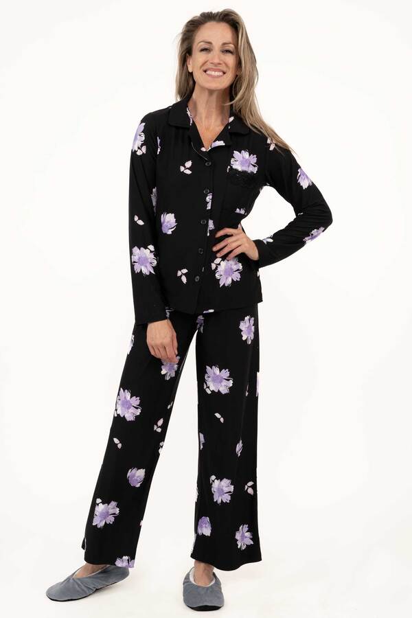 Charmour - Button-up PJ set with notch collar - Flower whisperer