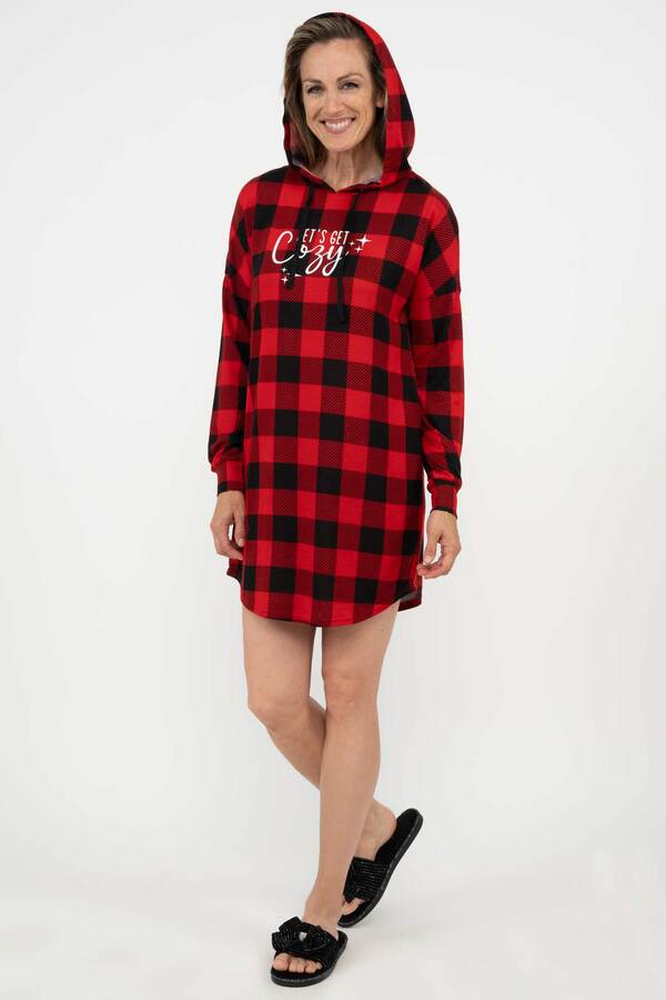 Charmour - Hooded sleepshirt - Buffalo check - "Let's get cozy"