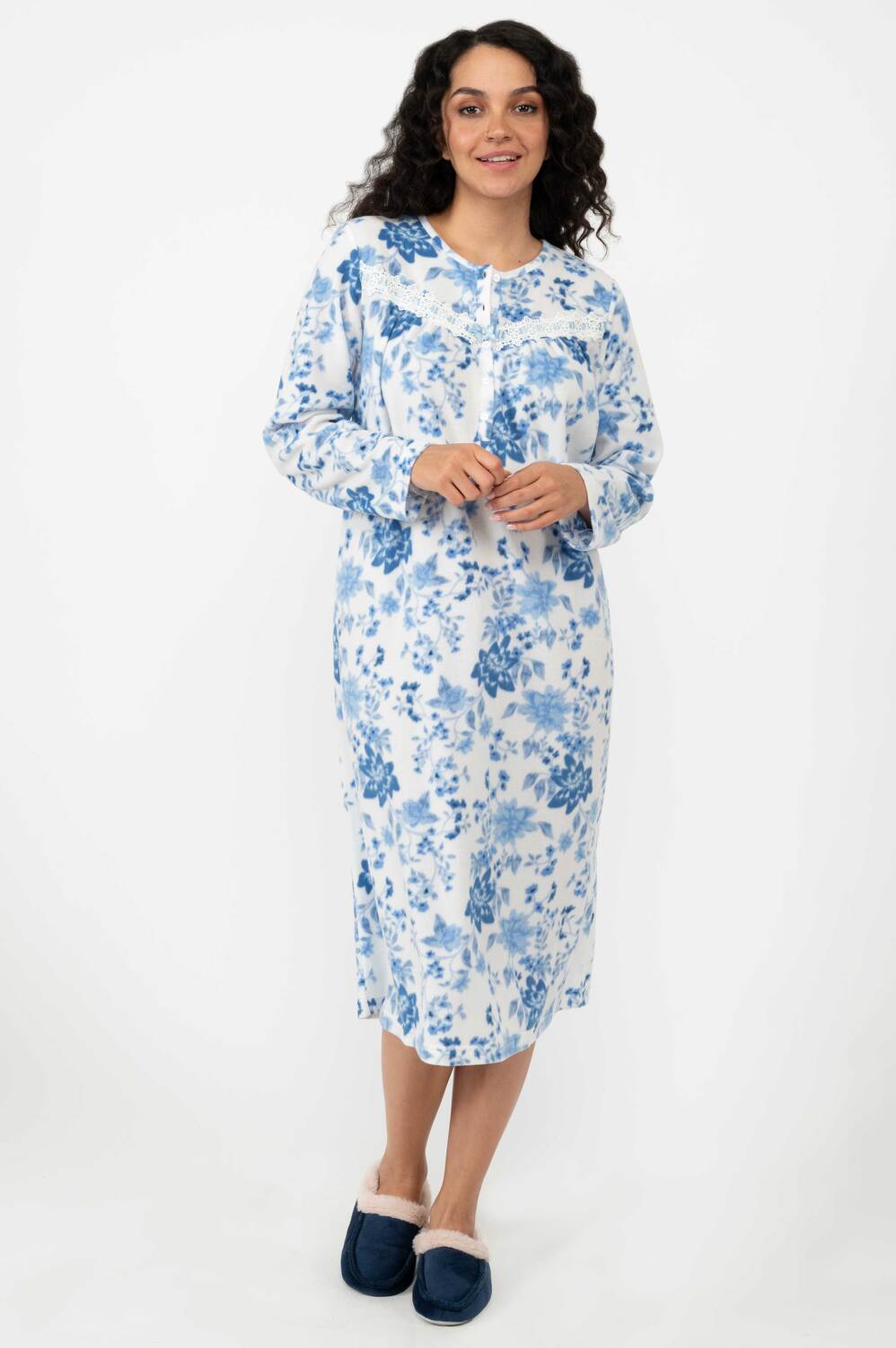 Charmour - Robe de chambre longue en micropolaire - Fleuri bleu