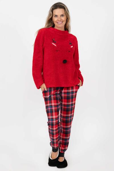 Check & fleece PJ set - Black pom pom