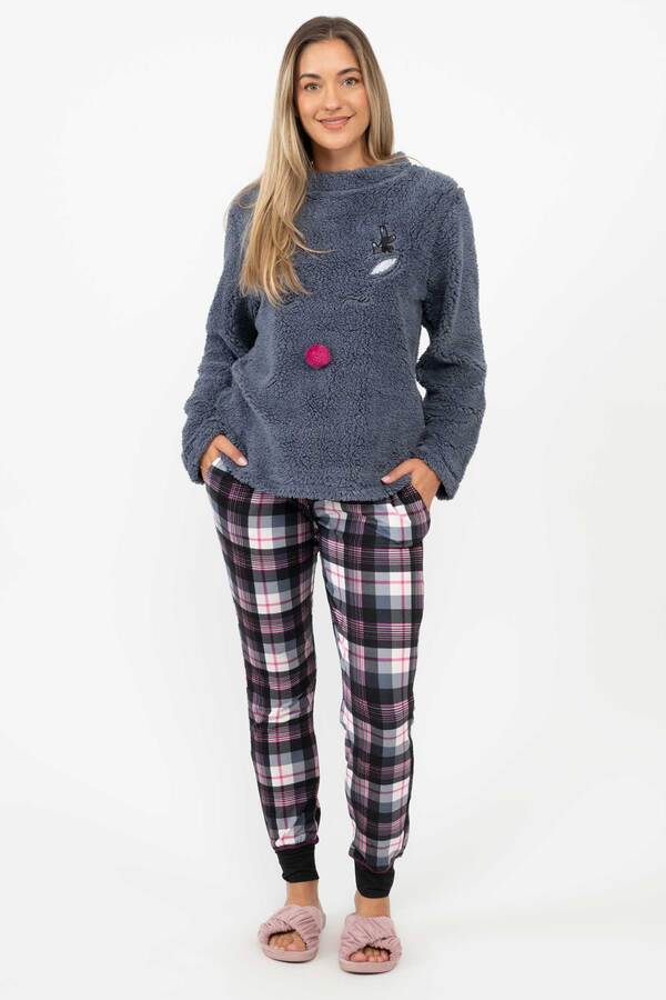 Check & fleece PJ set - Fuschia pom pom