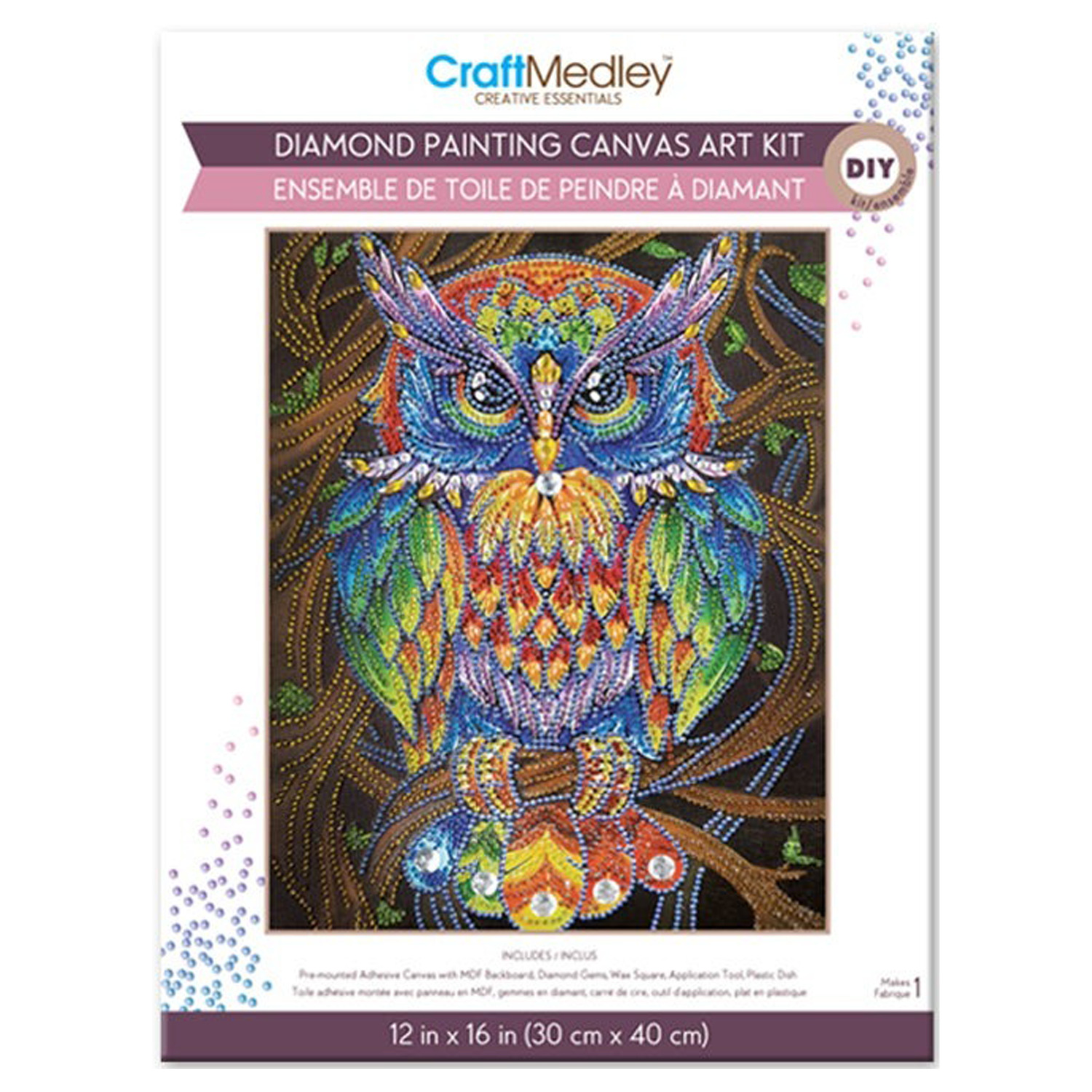 Craft Medley - Diamond painting canvas art kit, 12"x16" - Owl