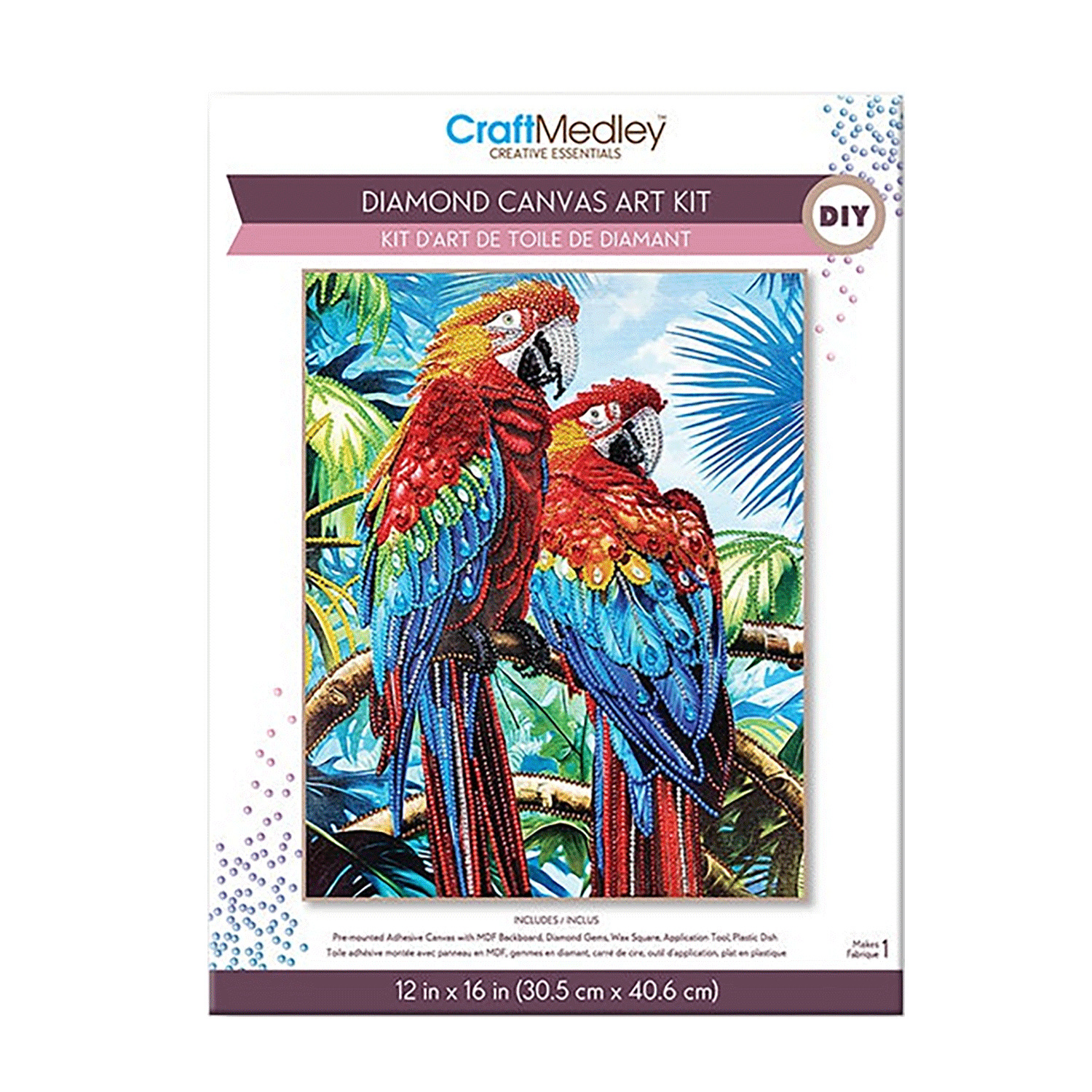 Craft Medley - Diamond painting canvas art kit, 12"x16" - Parrots