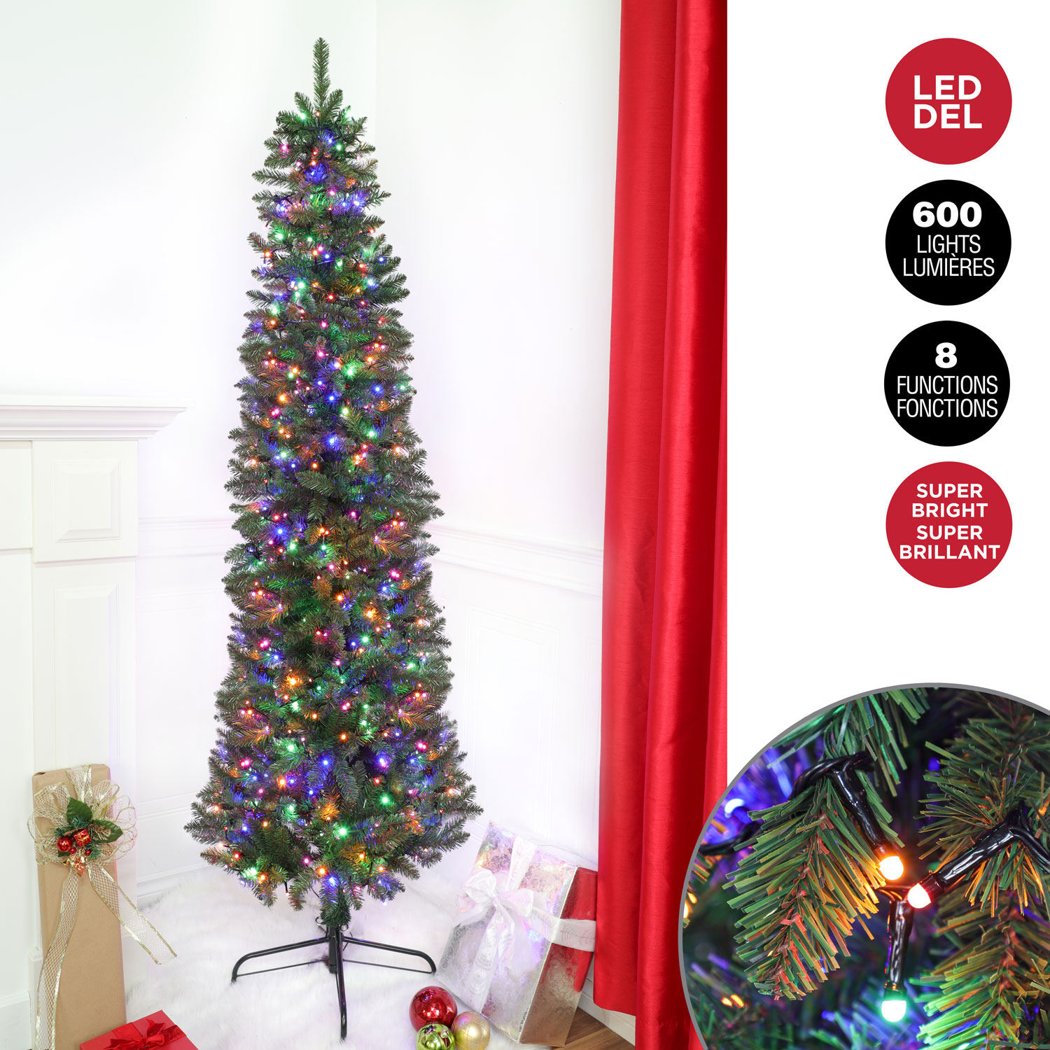 Danson - 6.5' Slim pine tree with 600 mulitcolour LED lights | Rossy