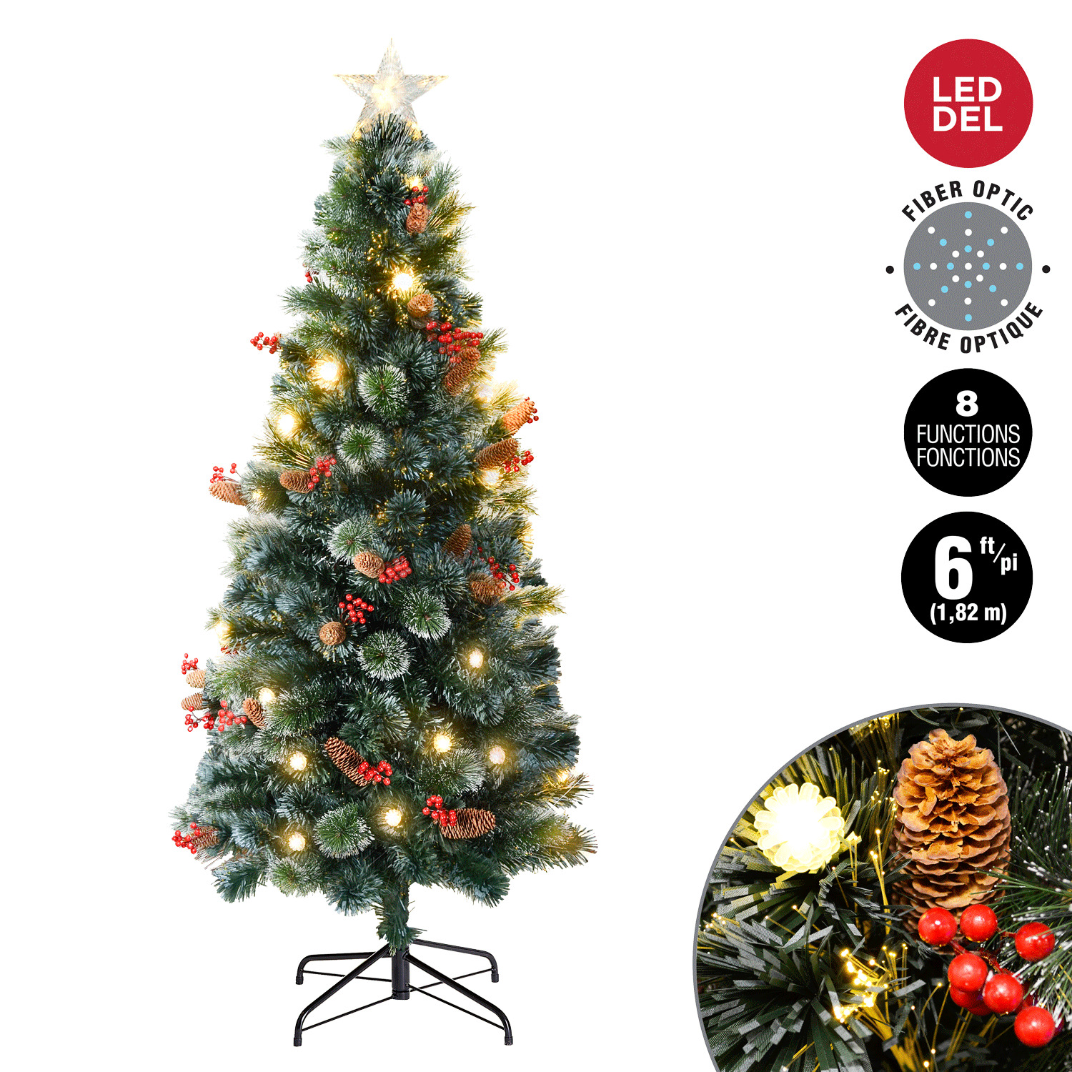 Danson - Fiber optic Christmas tree with pinecones, berries & tree topper, 6'