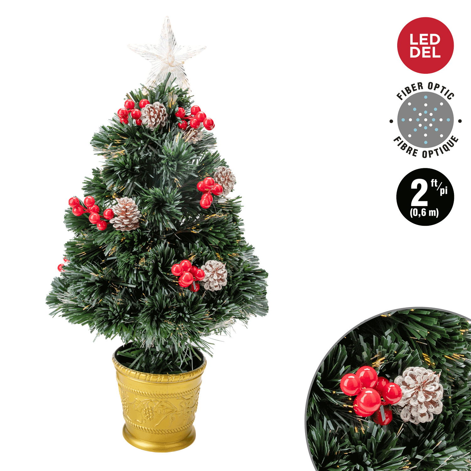 Danson - Fiber optic potted Christmas tree with pinecones, berries & tree topper, 2'