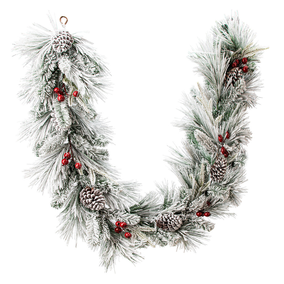 Danson - Flocked mixte pine garland with berries & pinecones, 6'