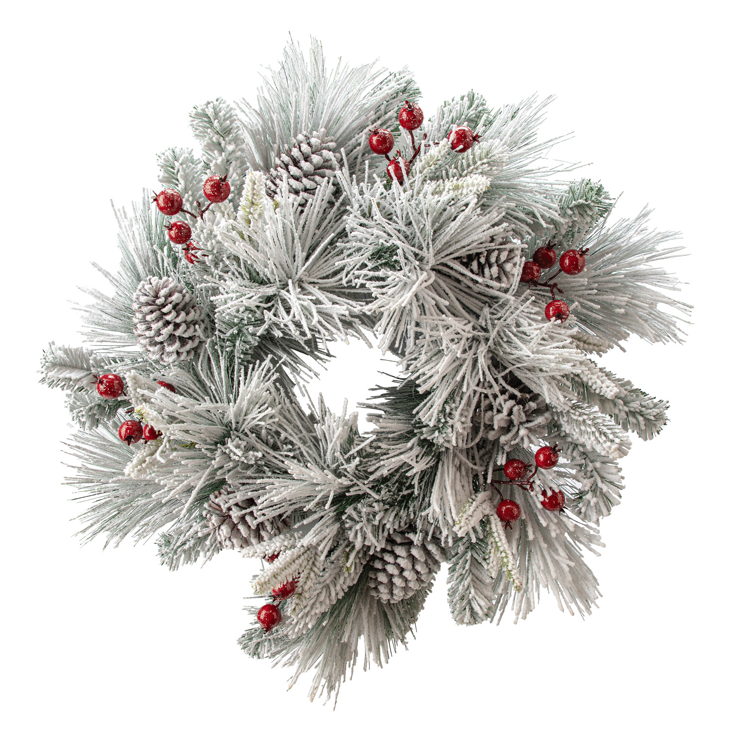 Danson - Flocked mixte pine wreath with berries & pinecones, 24"