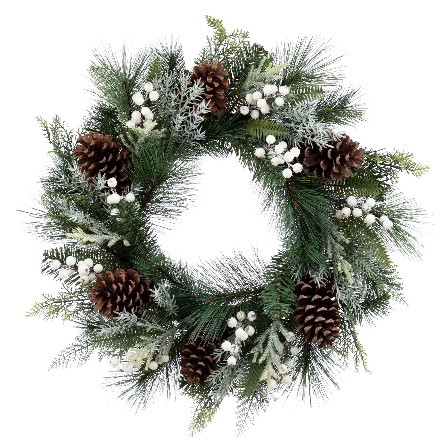 Danson - Mixed pine wreath with white foam berries & pinecones, 24"