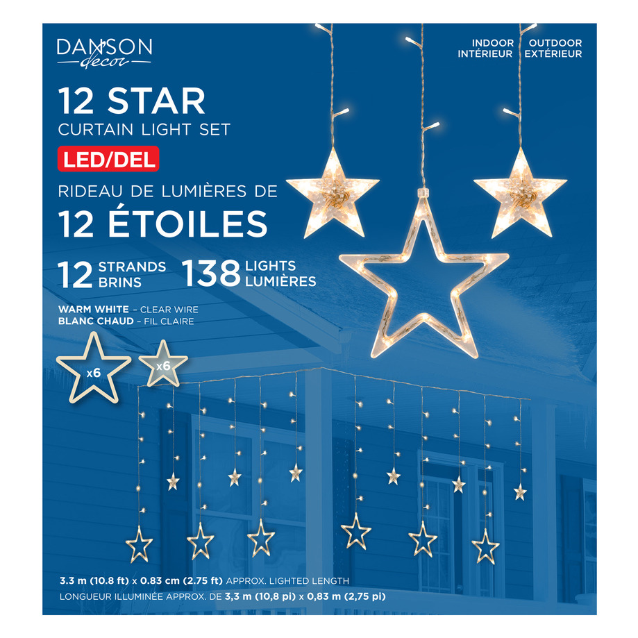 Danson - Rideau lumineux étoiles LED avec corde claire - Clair, 138 lumières