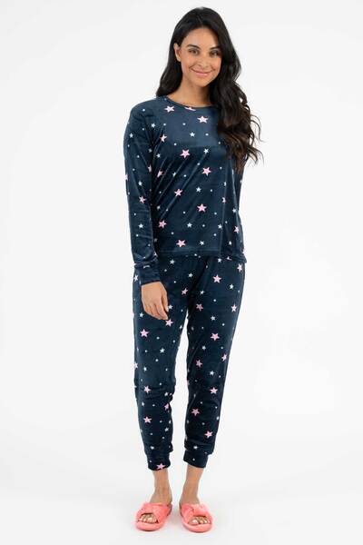 Ens. de pyjama jogger en velours soyeux - Étoiles de minuit