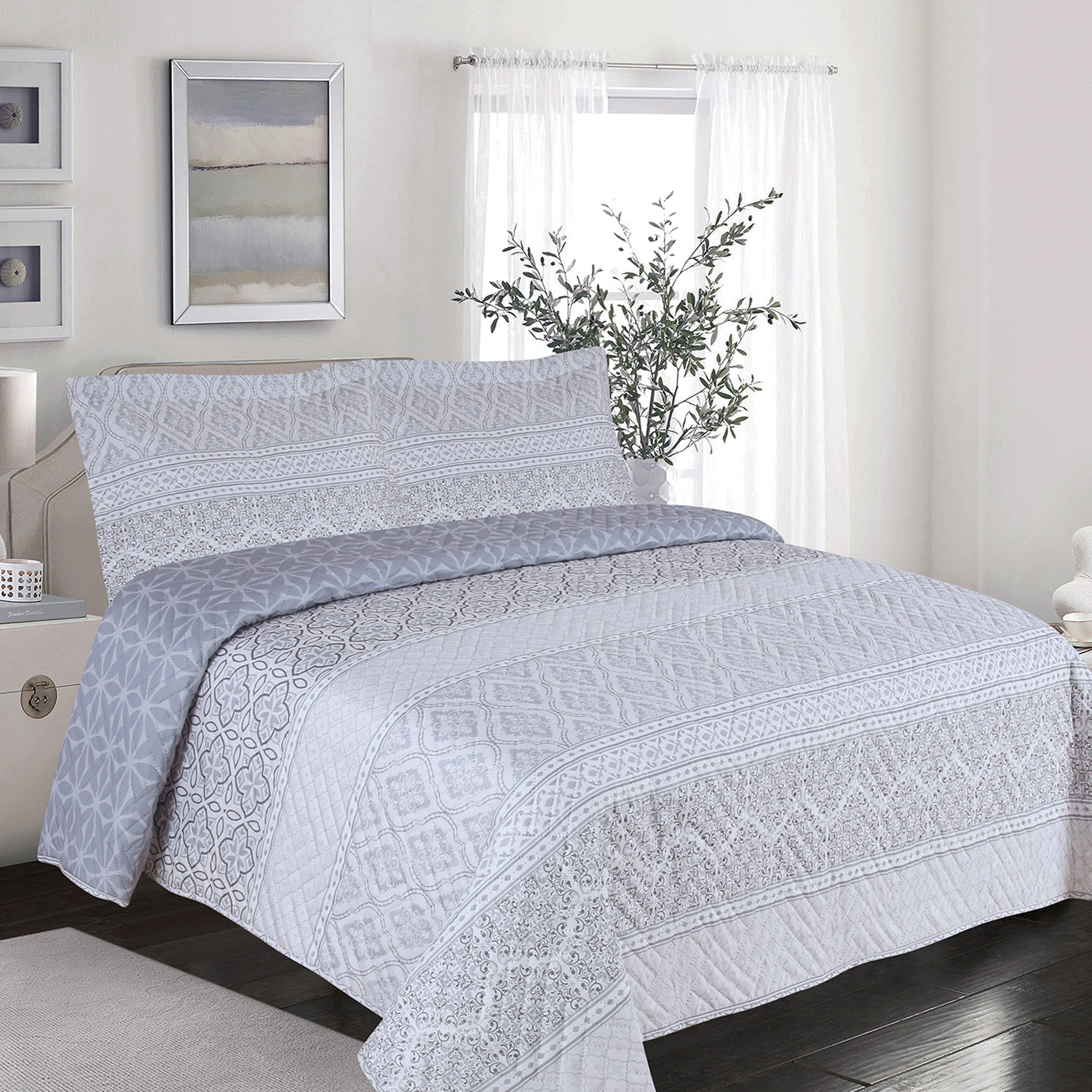 EVORA - Printed cotton quilt set - Grey patchwork