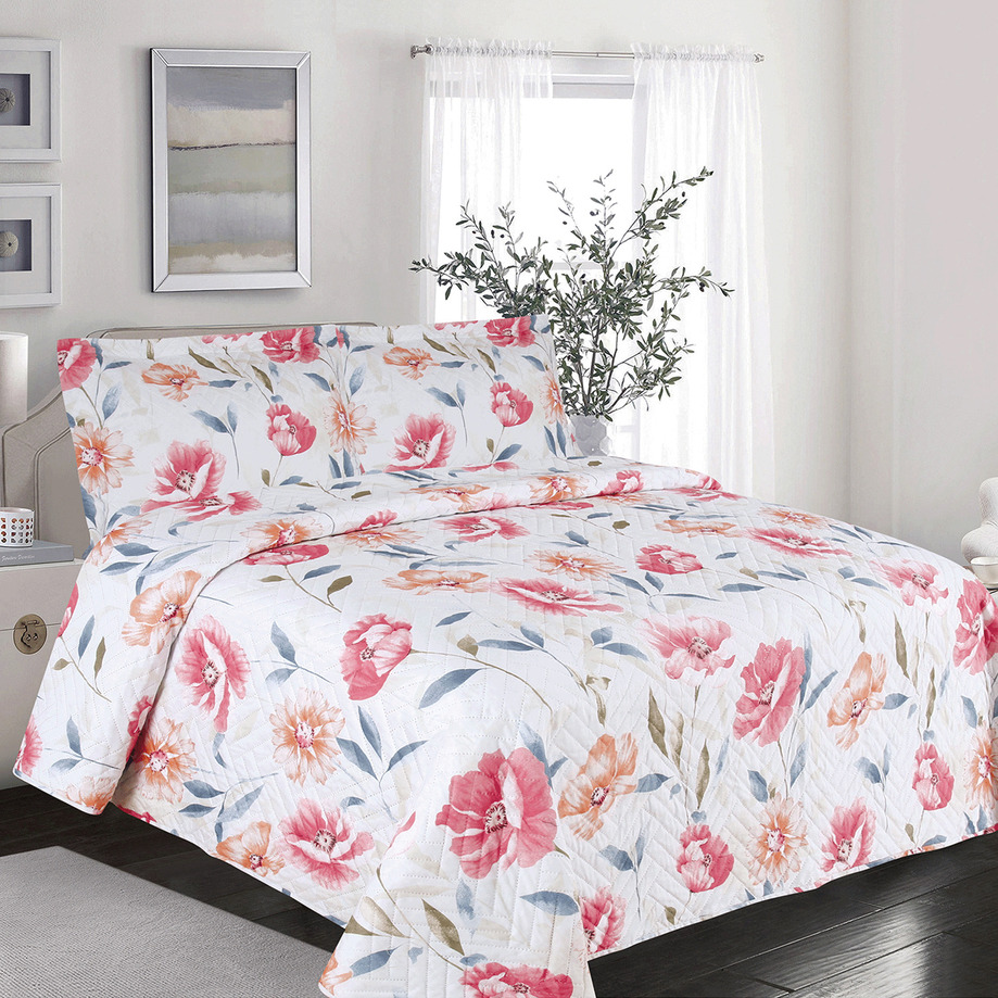 EVORA - Printed cotton quilt set - Water colour poppy