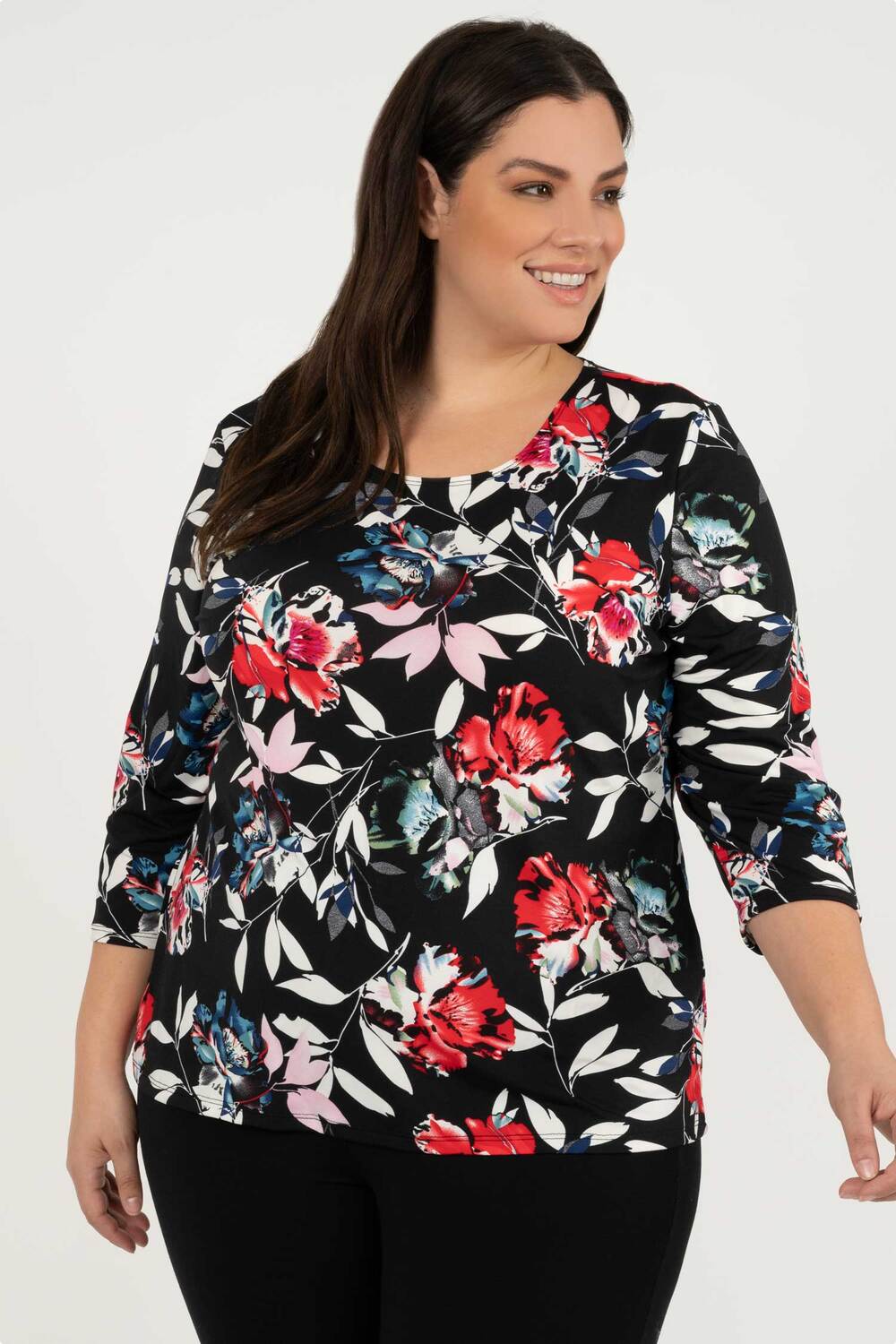 Floral print tunic blouse - Multicolored flowers - Plus Size. Colour:  black. Size: 1xl
