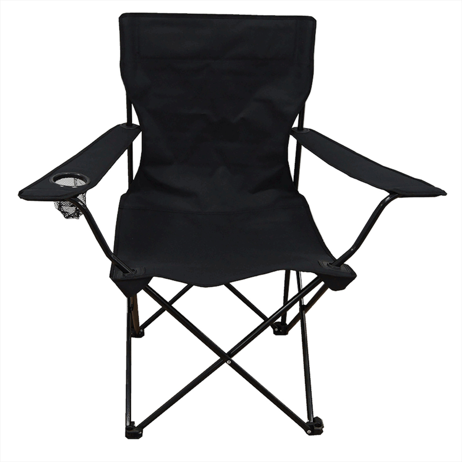 Folding camp chair with a mesh cup holder and armrest. Colour