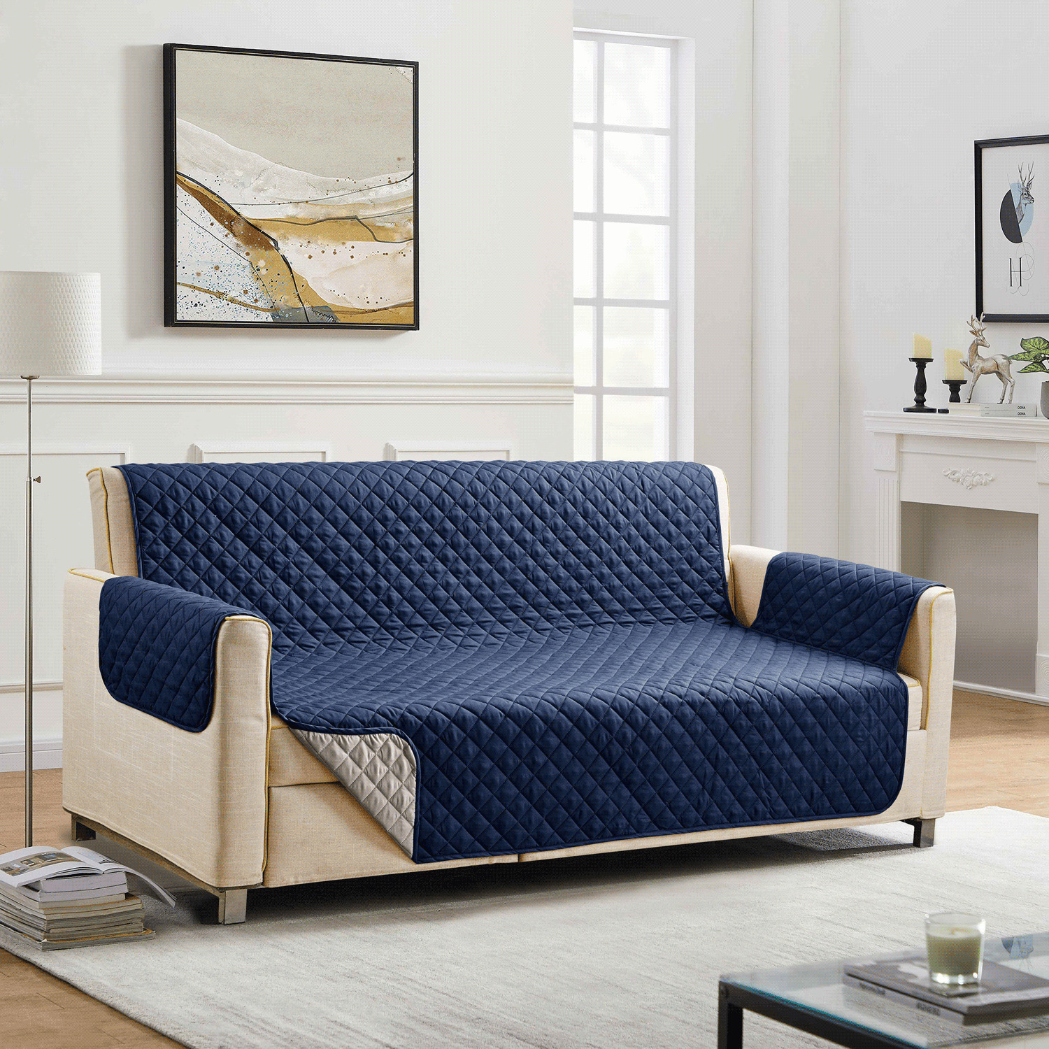 Housse de protection matelassée réversible pour divan - Bleu / Gris