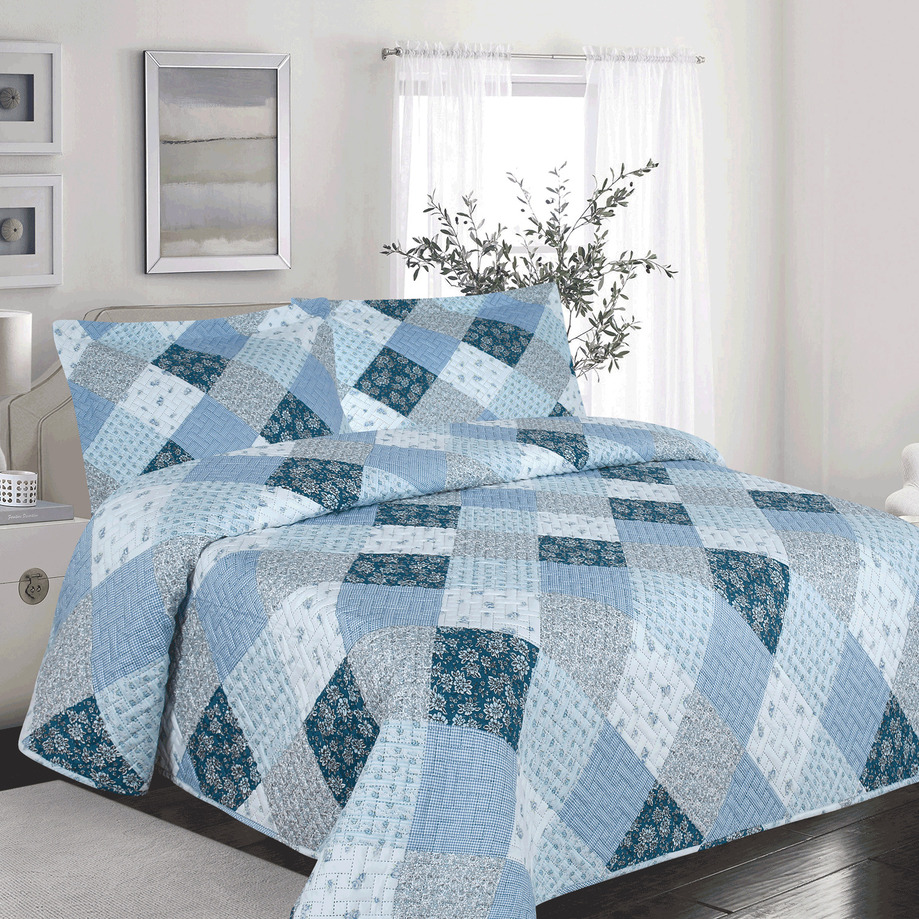LEONIDAS - Printed cotton quilt set - Boho patchwork. Colour: blue. Size:  twin