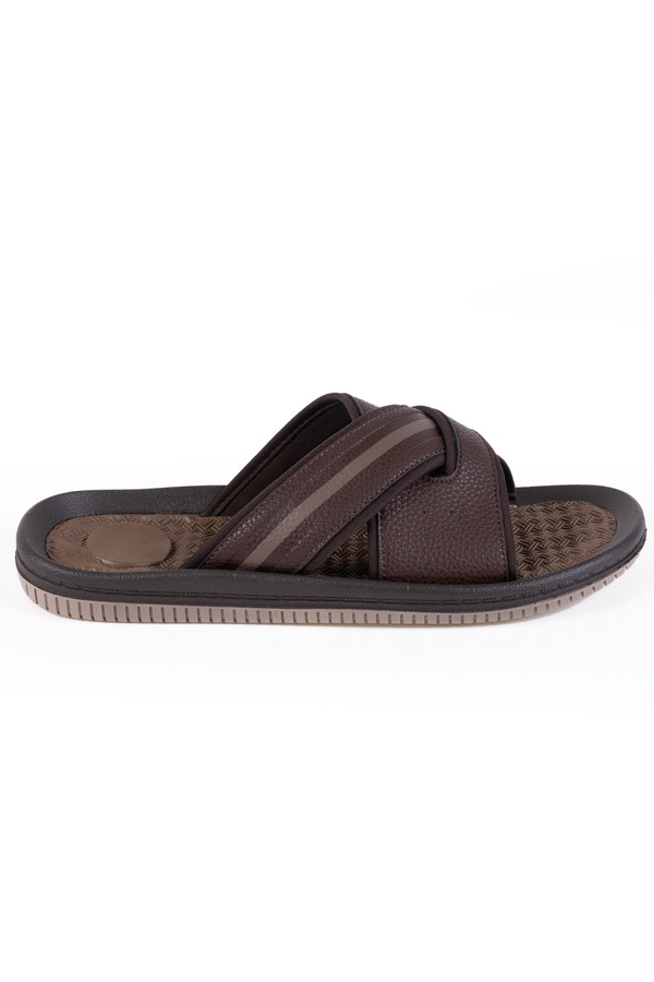 Men's criss-cross slide sandals with arch support. Colour: brown
