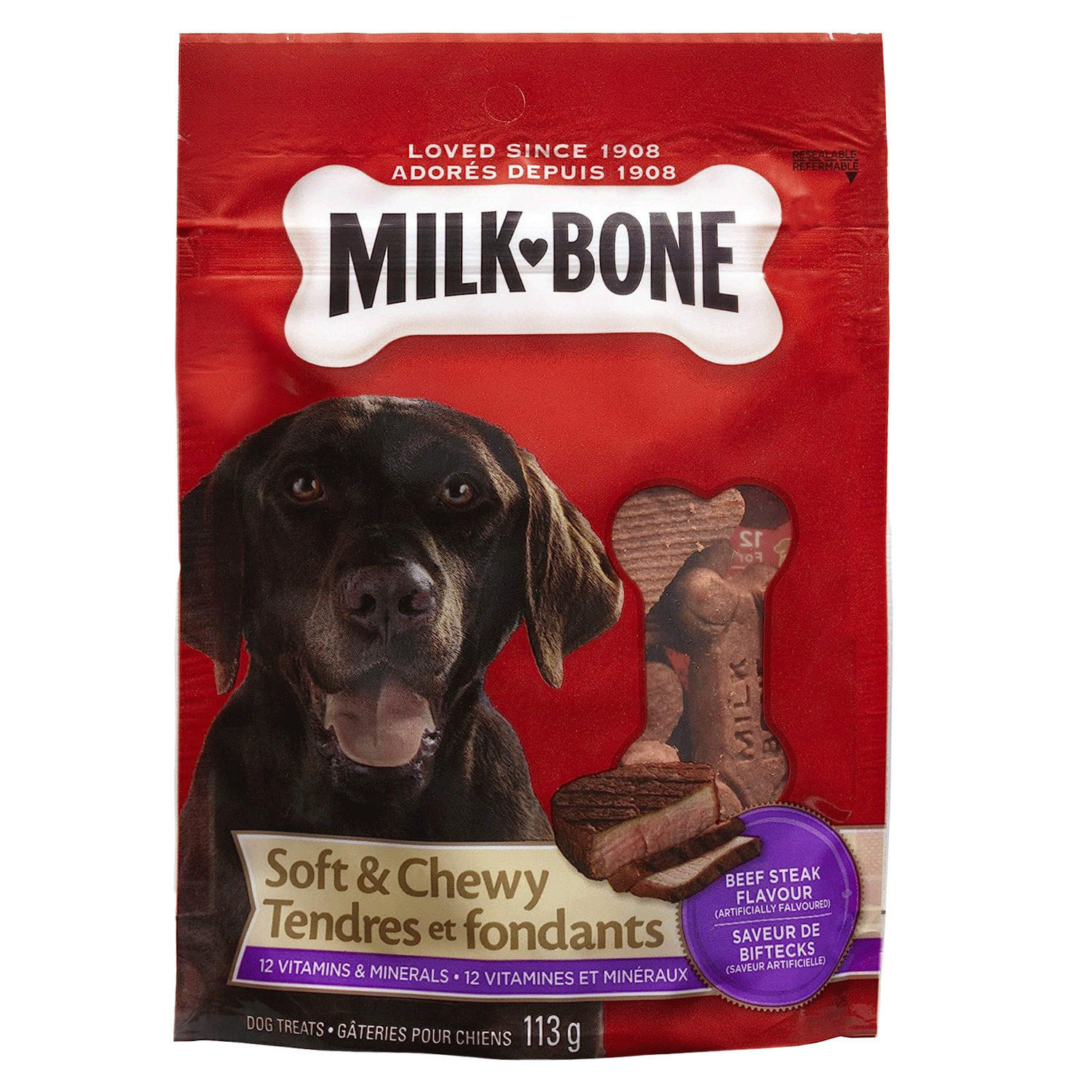 Milk Bone - Tendres et fondants, gâteries pour chiens à saveur de biftecks, 113g