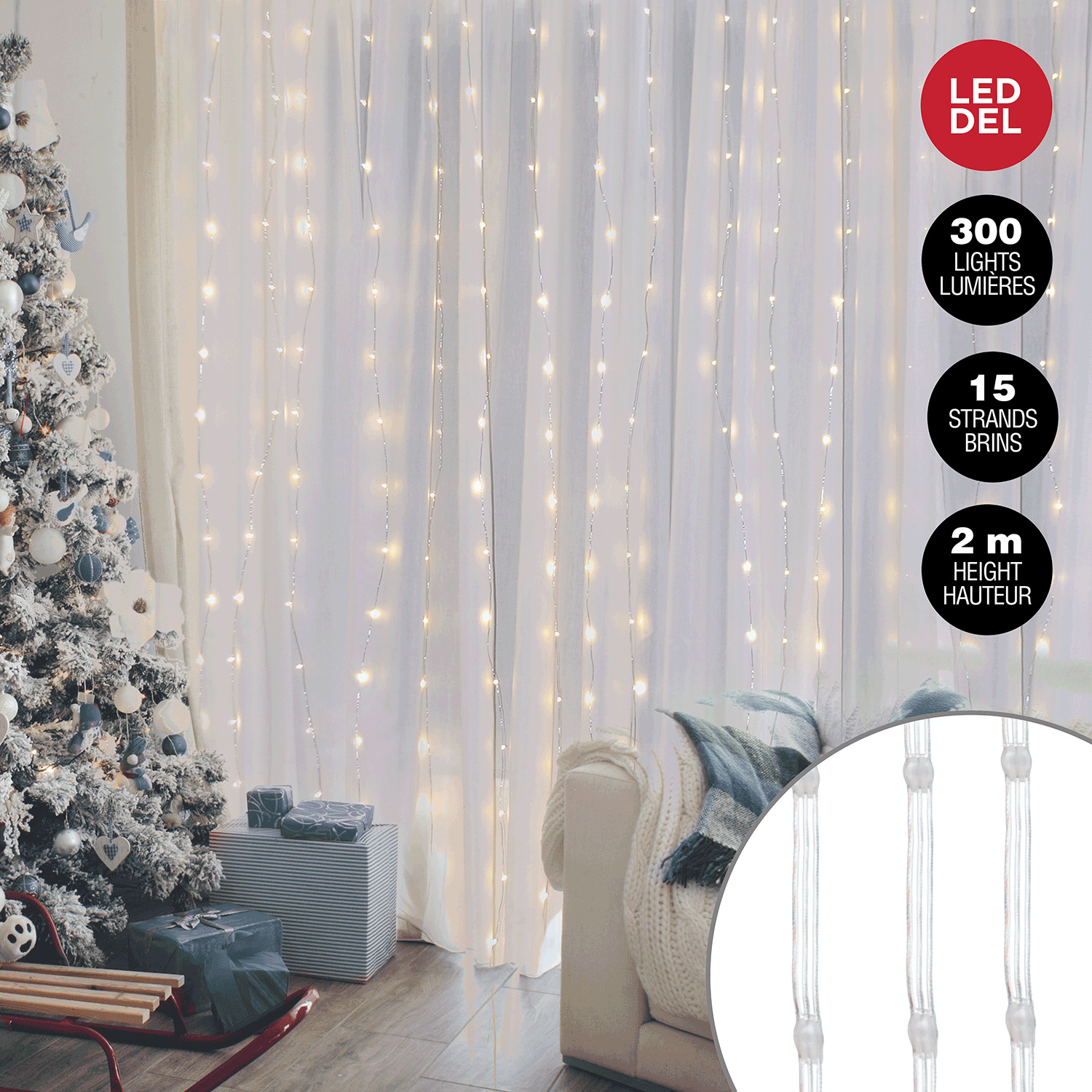 Multifunction LED curtain lights with timer and clear wire - Clear, 304 lights