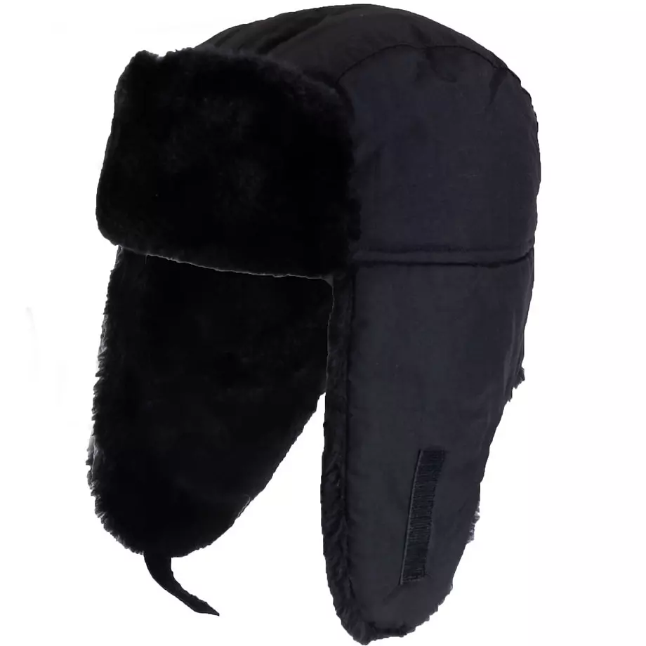 Nylon aviator hat with faux fur lining & trims, black. Colour