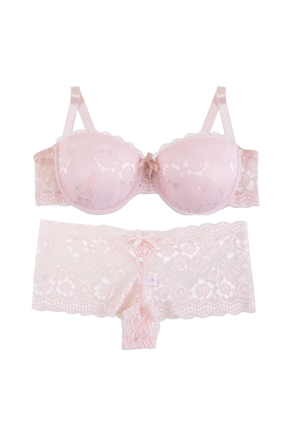 Full coverage lace bra set with high cut coordinated brief, beige