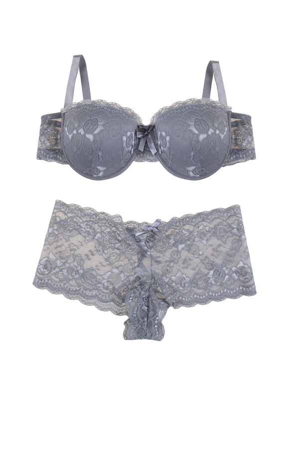 Full coverage lace bra set with high cut coordinated brief, beige