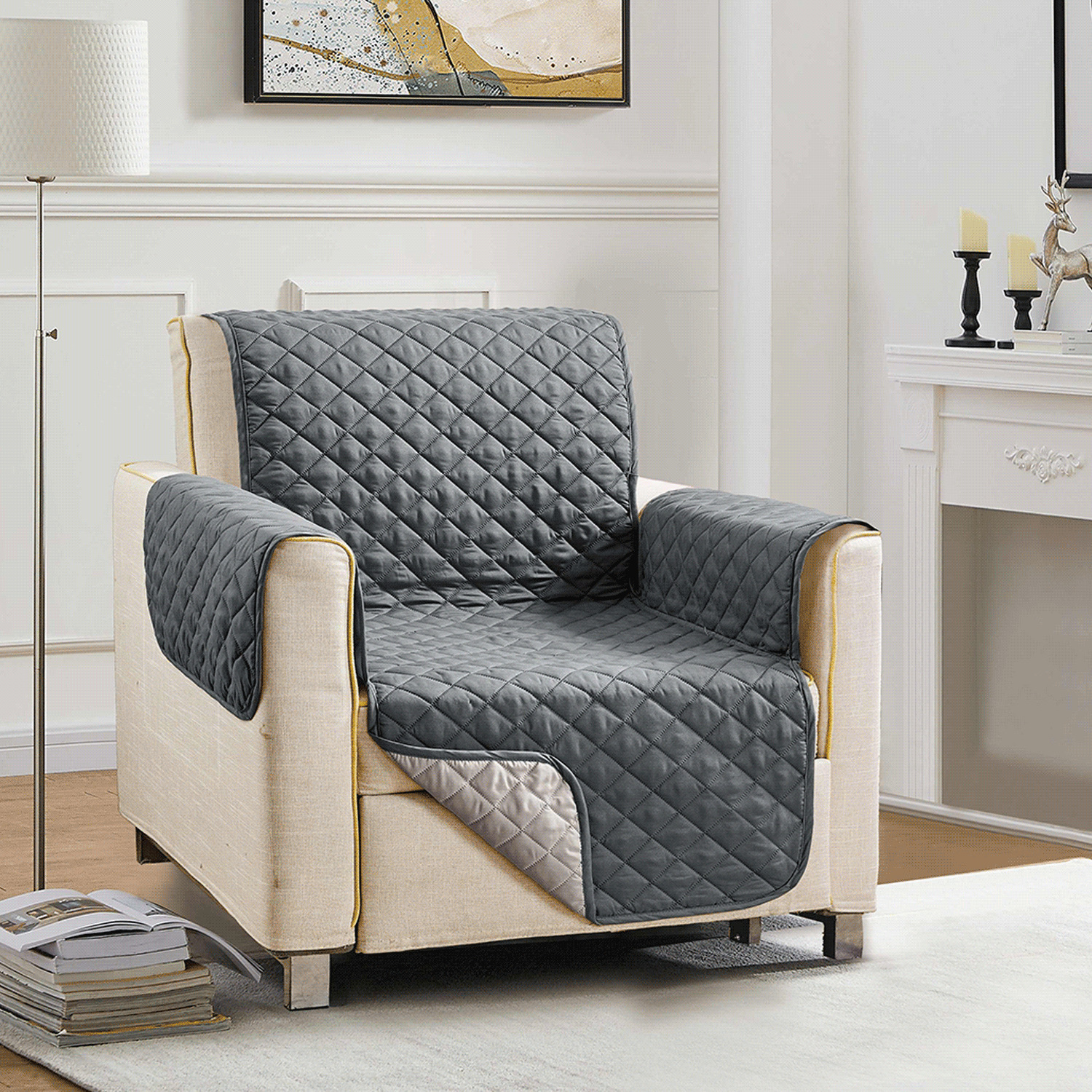 Reversible quilted armchair protector - Charcoal / Silver