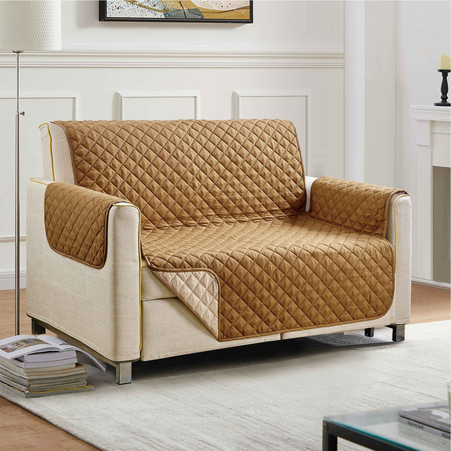 Reversible quilted loveseat protector - Taupe / Ivory