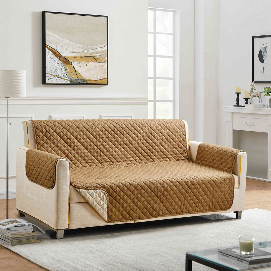 Reversible quilted sofa protector - Taupe / Ivory