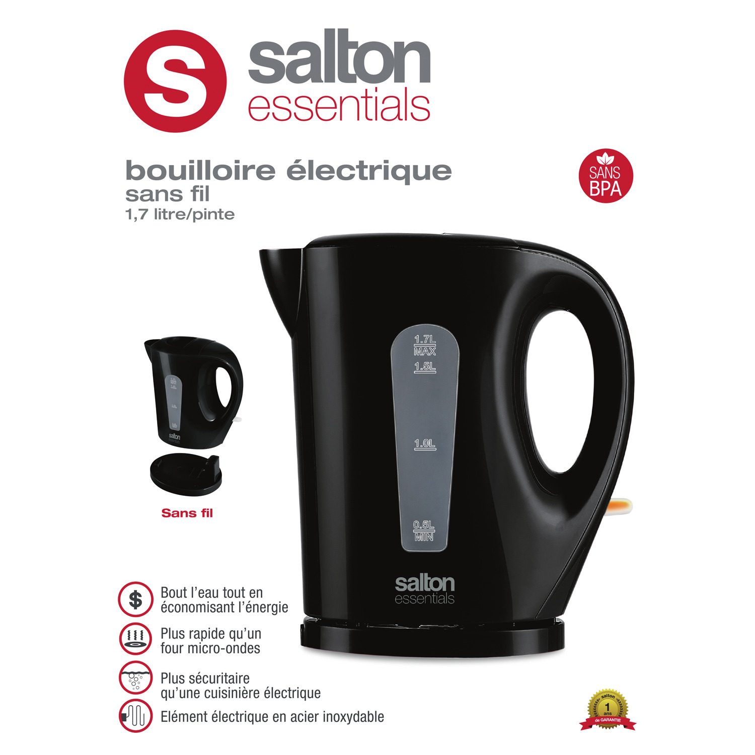 Salton - Bouilloire électrique sans fil, noir, 1.7L. Colour: black