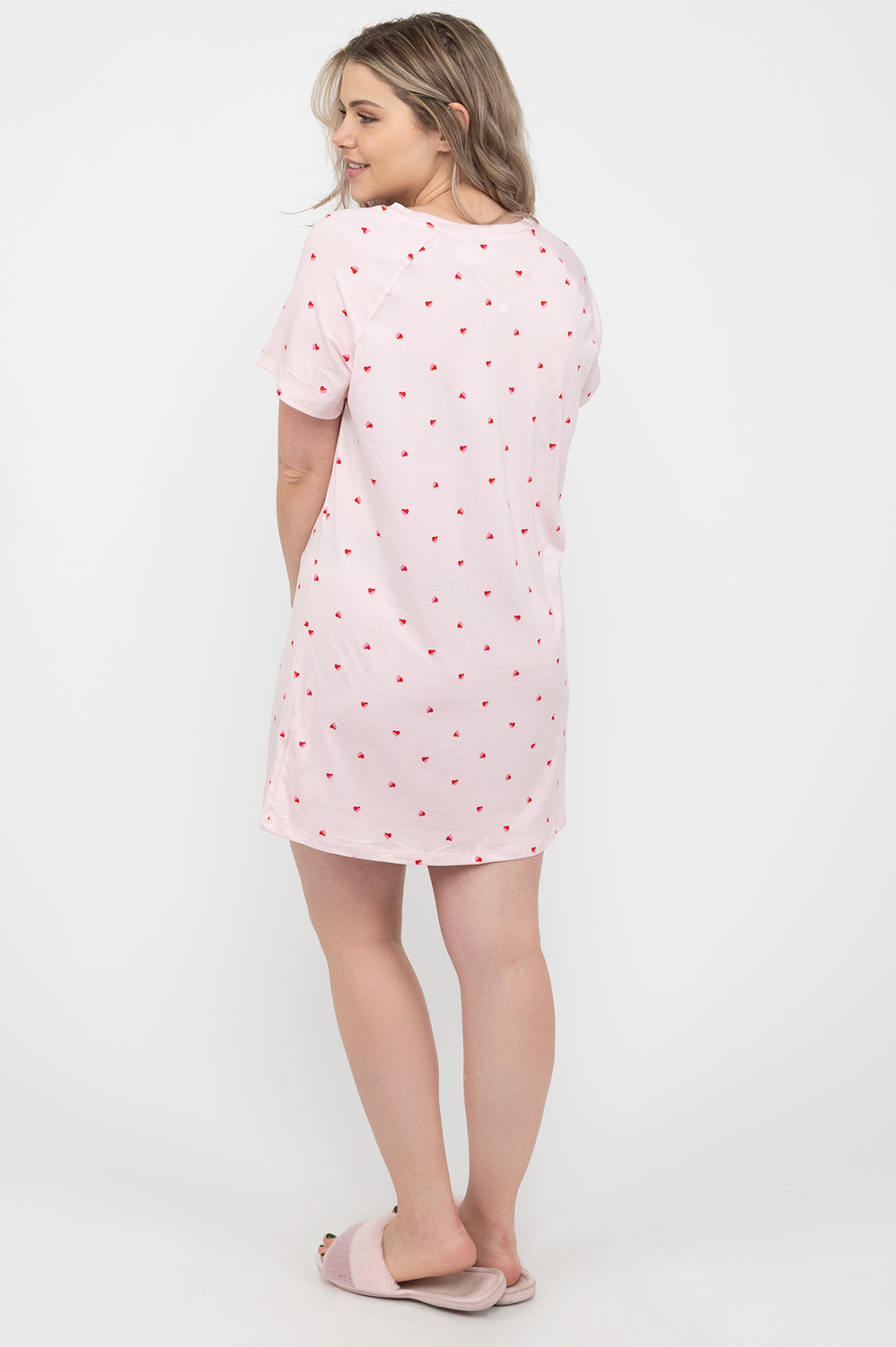 Sleep & Co. - Soft Touch, crew neck, short sleeve sleepshirt, Peace & Love,  1X - Plus Size. Colour: light pink. Size: 1x