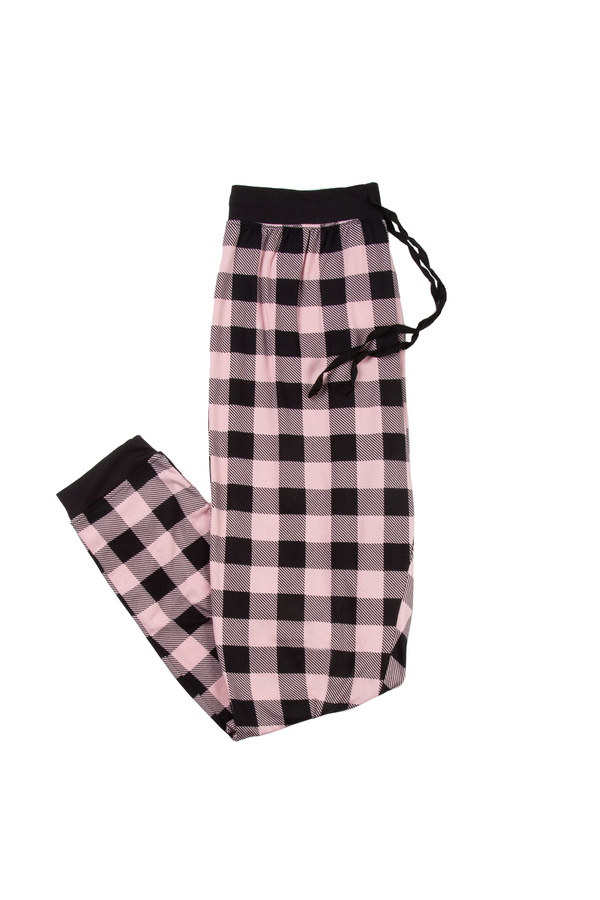 Stretch knit jogger style pajama pants, pink/black plaid, medium (M).  Colour: pink. Size: m
