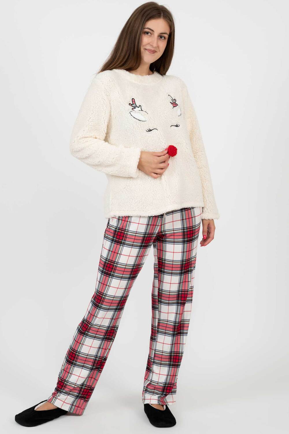 Suko - Rêves - Check & fleece PJ set - Red pom pom