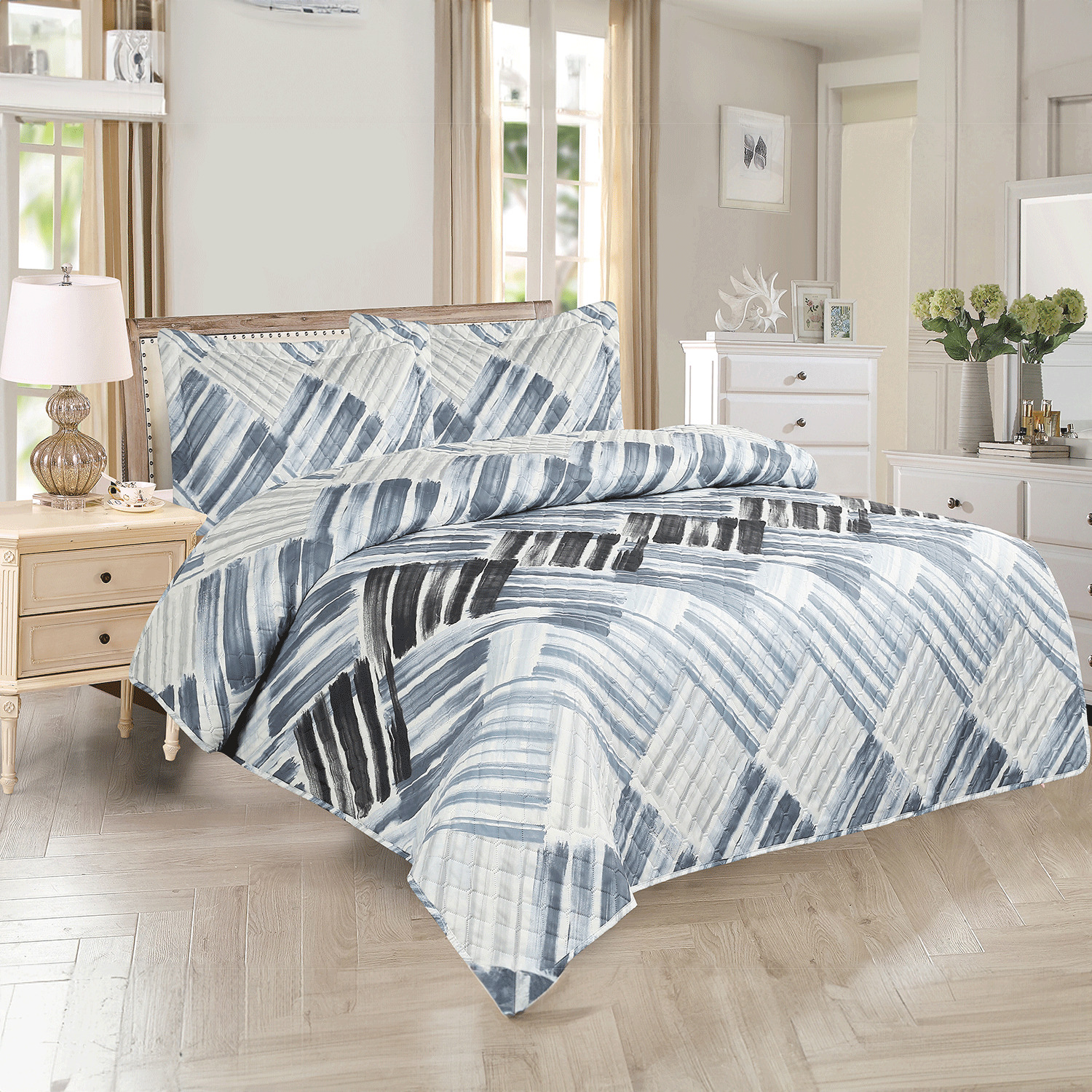 VENICE - Printed cotton quilt set - Blue and grey stripes