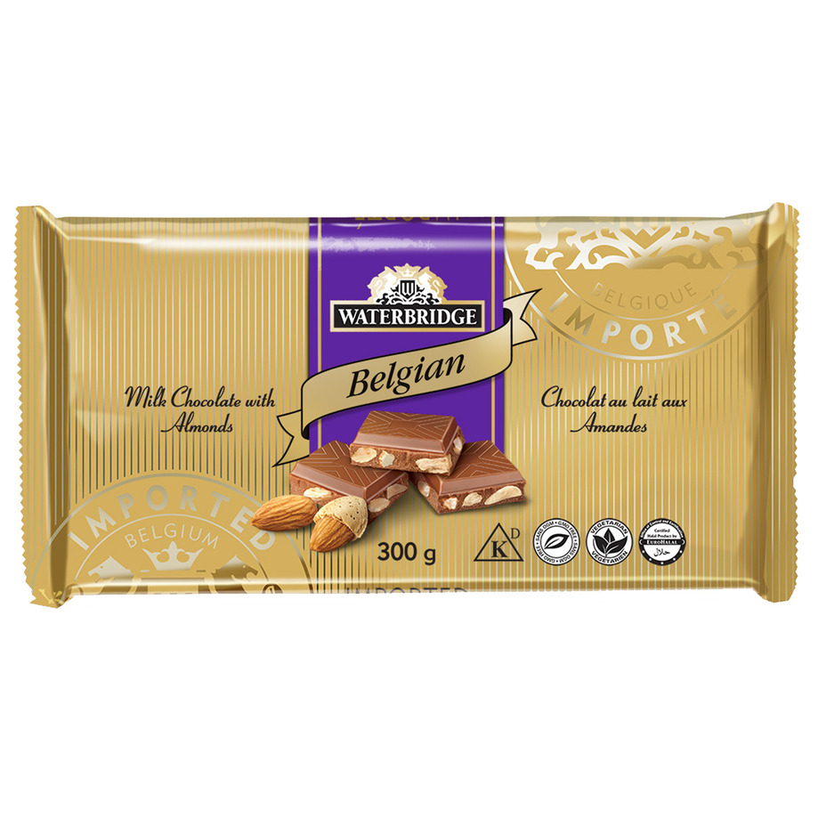 WATERBRIDGE - Tablette de chocolat au lait belge aux amandes, 300g